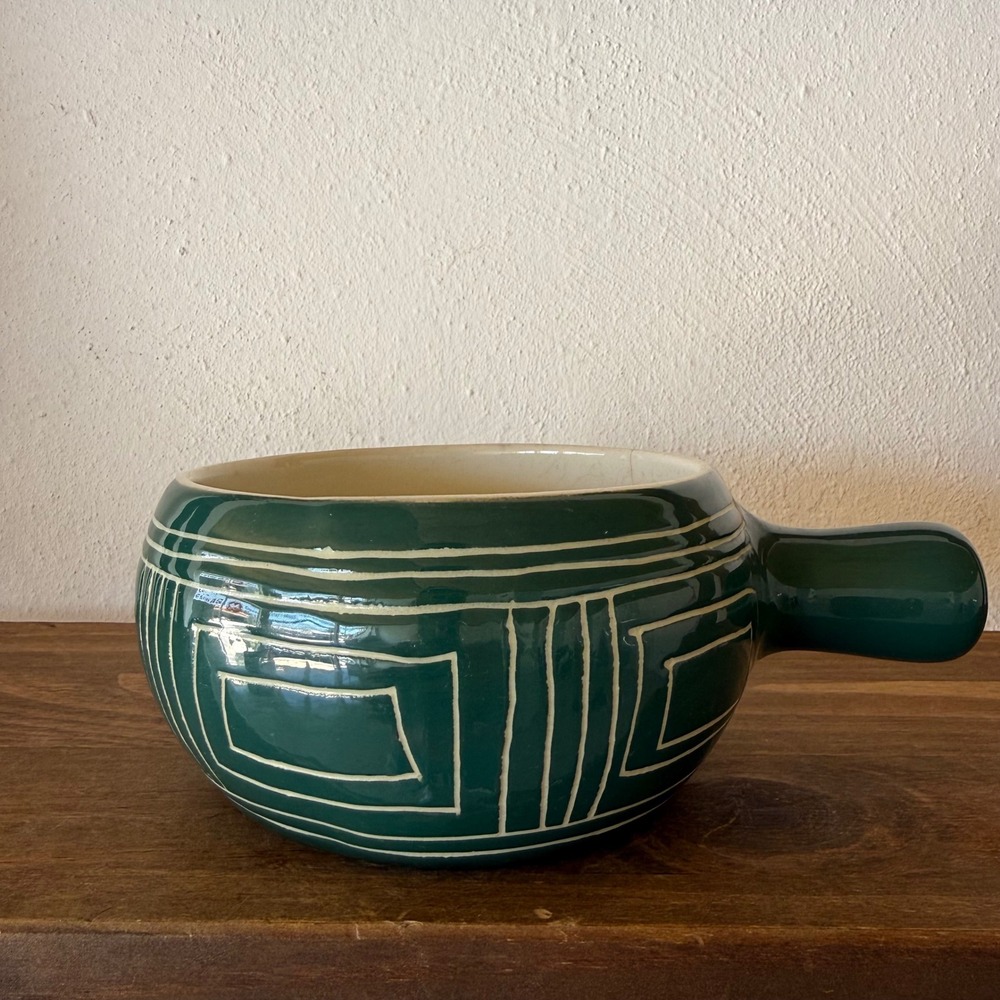 Vintage 1975 Caribe China Puerto Rico Ceramic Handled Bowl Green Geometric